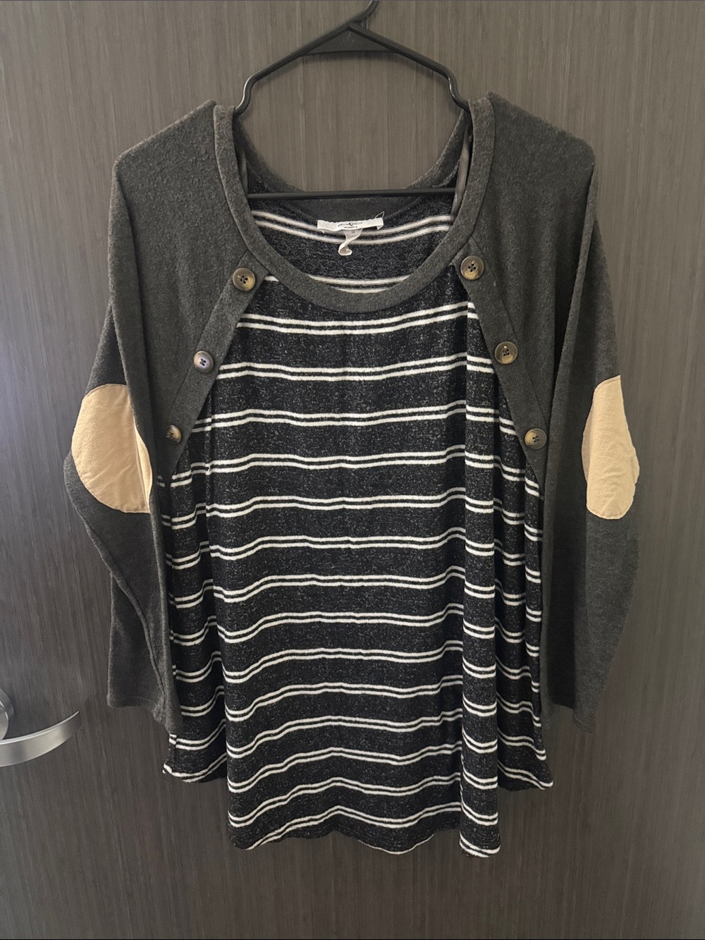 Women’s Black Striped Knit Top with Tan Elbow Patches